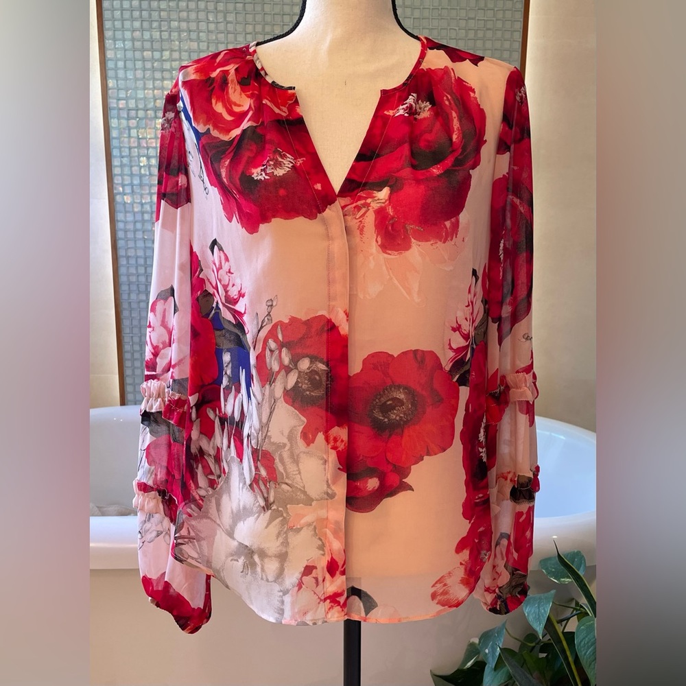 WHBM sheer red and pink flower blouse medium